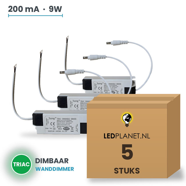 Doos met 5 stuks Dimbare LED-driver Triac - 9W - 200 mA - DC 27-42V