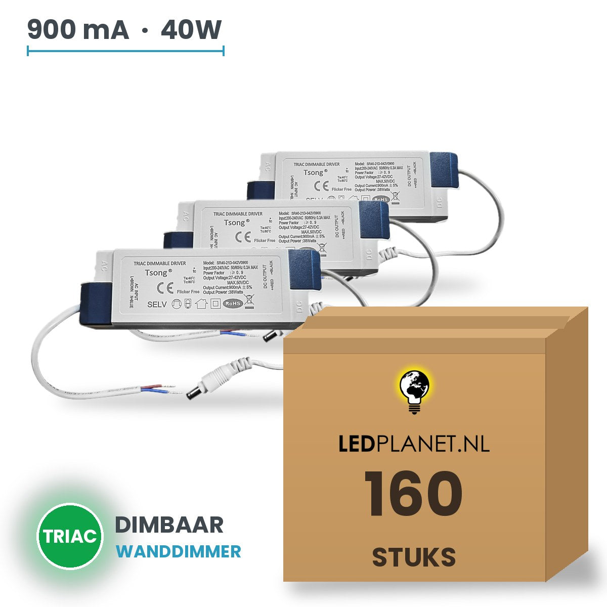 Doos met 160 stuks Dimbare LED-driver Triac - 40W - 900 mA - DC 27-42V