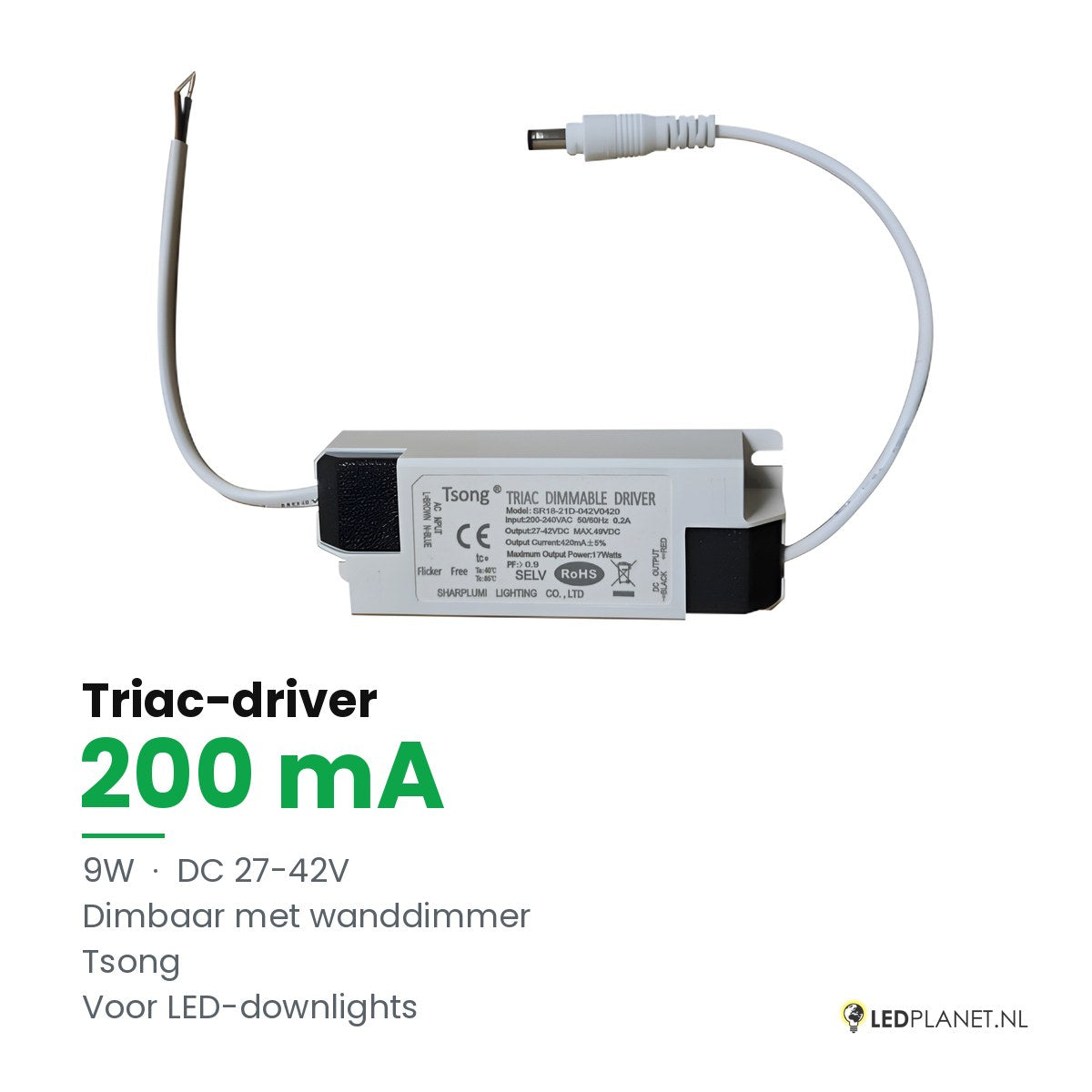 Dimbare LED-driver Triac - 9W - 200 mA - DC 27-42V