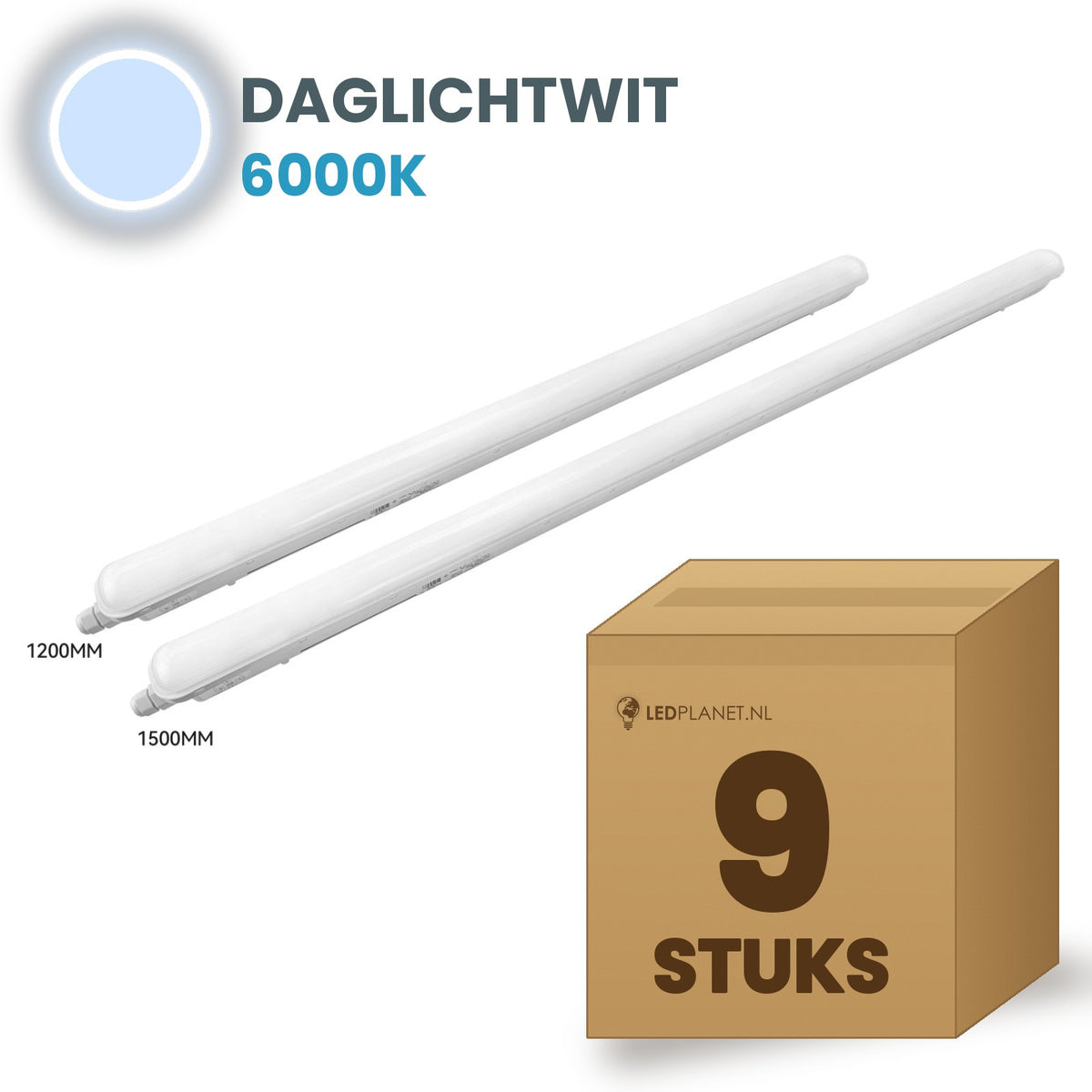 Doos met 9 LED tri-proof armaturen 1200mm daglichtwit 6000K