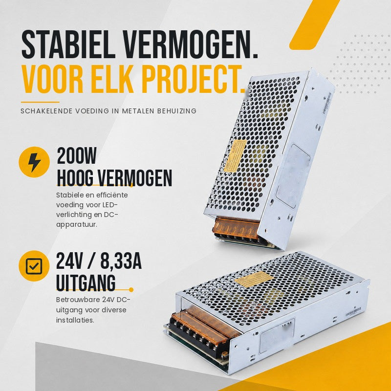 LED driver IP20 met metalen behuizing 24V 200W - vermogen en uitgang