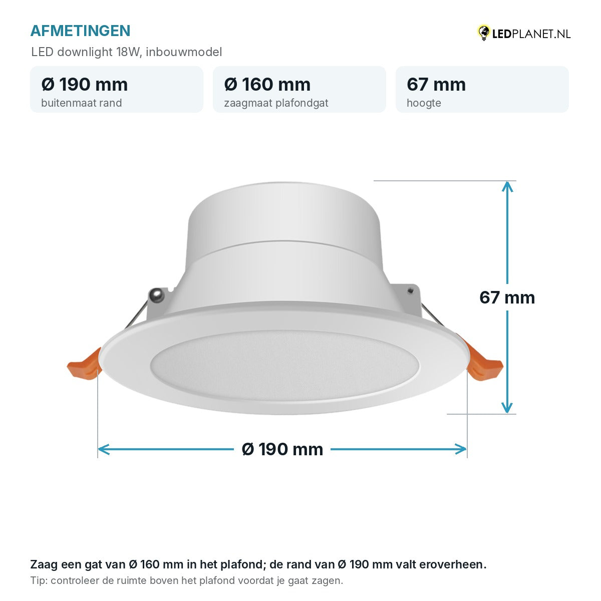 Afmetingen LED downlight 18W: Ø190 mm, hoogte 67 mm, zaagmaat Ø160 mm