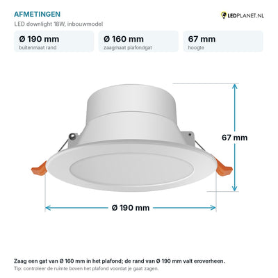 Afmetingen LED downlight 18W: Ø190 mm, hoogte 67 mm, zaagmaat Ø160 mm