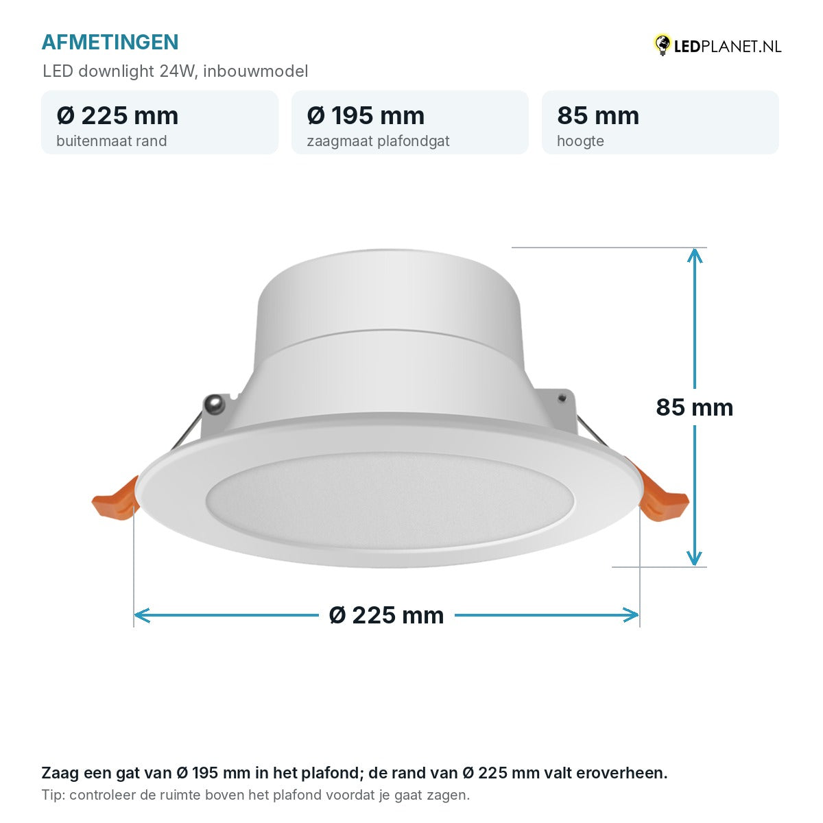 Afmetingen LED downlight 24W: Ø225 mm, hoogte 85 mm, zaagmaat Ø195 mm