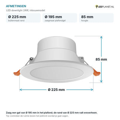 Afmetingen LED downlight 24W: Ø225 mm, hoogte 85 mm, zaagmaat Ø195 mm