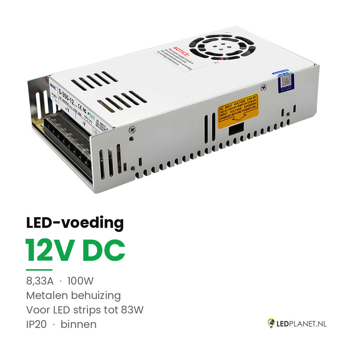 LED Driver 12V DC - 100W - 8,33A - IP20 - metalen behuizing