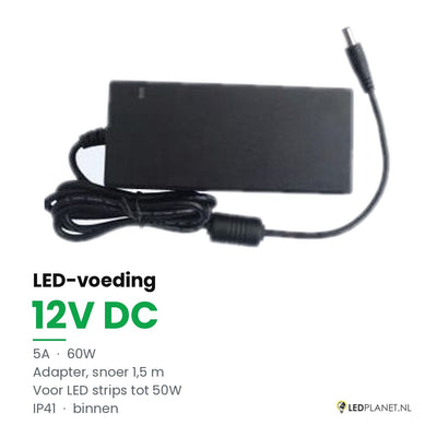 LED Driver 12V DC - 60W - 5A - Adapter met EU-stekker - IP41