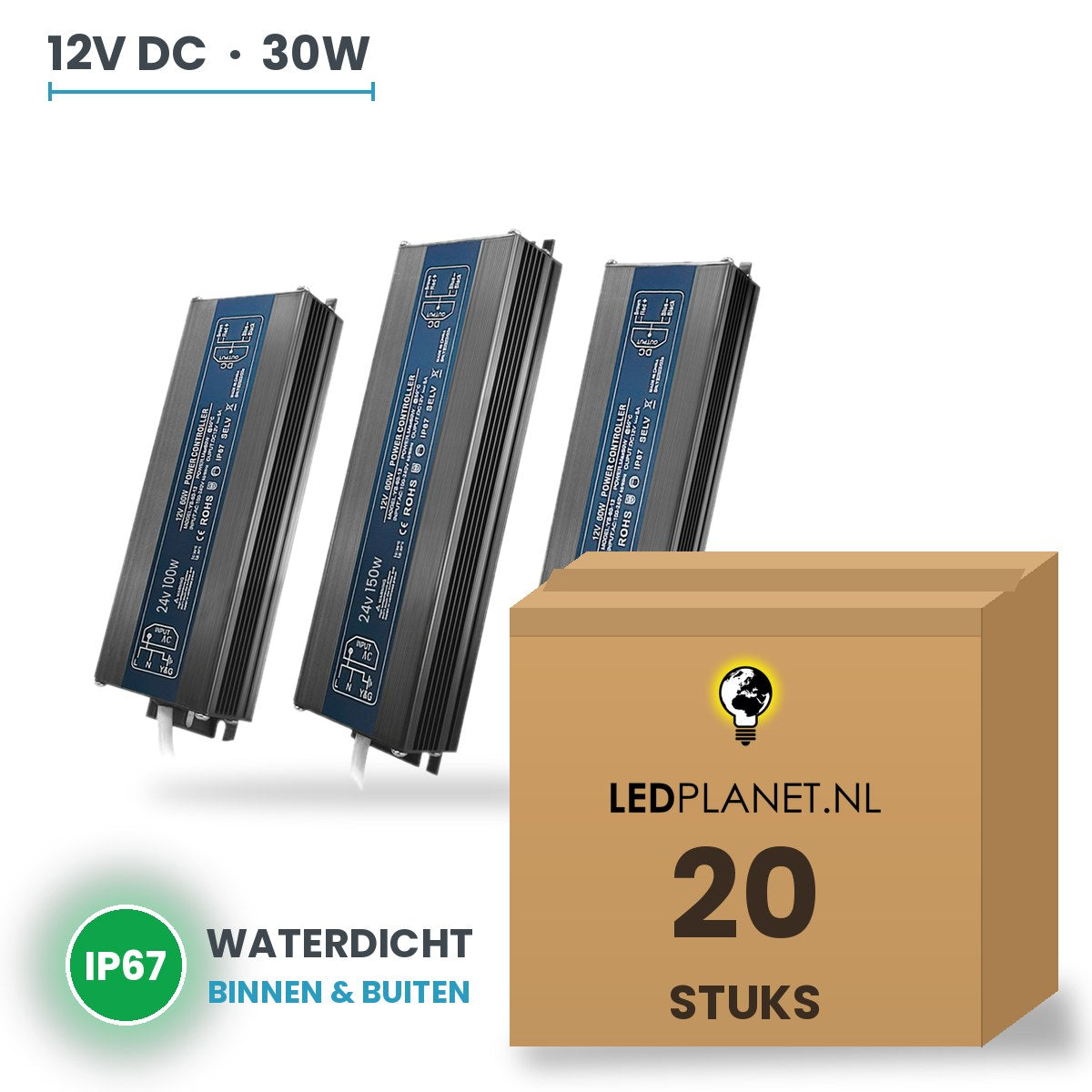 Doos met 20 stuks LED Driver 12V DC - 30W - 2,5A - waterdicht IP67
