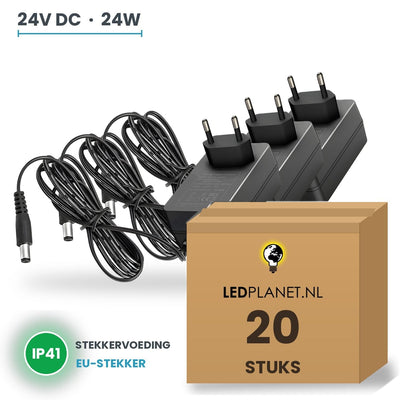 Doos met 20 stuks LED Driver 24V DC - 24W - 1A - Stekkervoeding EU - IP41