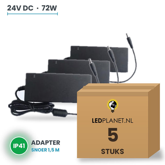 Doos met 5 stuks LED Driver 24V DC - 72W - 3A - Adapter met EU-stekker - IP41