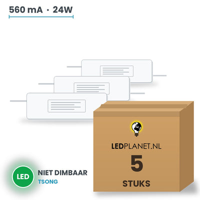 Doos met 5 stuks LED-driver voor LED-paneel - 24W - 560 mA - DC 25-40V - niet dimbaar - Tsong