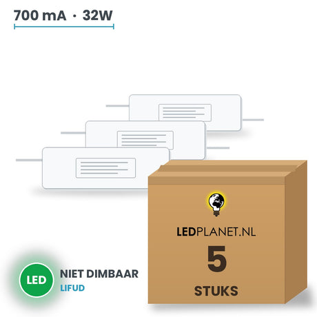 Doos met 5 stuks LED-driver voor LED-paneel - 32W - 700 mA - DC 33-42V - niet dimbaar - Lifud - met EU-stekker
