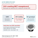 Let op: 24V-voeding niet meegeleverd - aansluitschema 230V naar 24V-voeding naar 10 grondspots