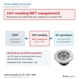Let op: 24V-voeding niet meegeleverd - aansluitschema 230V naar 24V-voeding naar 10 grondspots