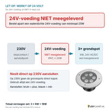 Let op: 24V-voeding niet meegeleverd - aansluitschema 230V naar 24V-voeding naar 3 grondspots