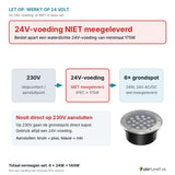 Let op: 24V-voeding niet meegeleverd - aansluitschema 230V naar 24V-voeding naar 6 grondspots