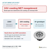 Let op: 24V-voeding niet meegeleverd - aansluitschema 230V naar 24V-voeding naar 6 grondspots