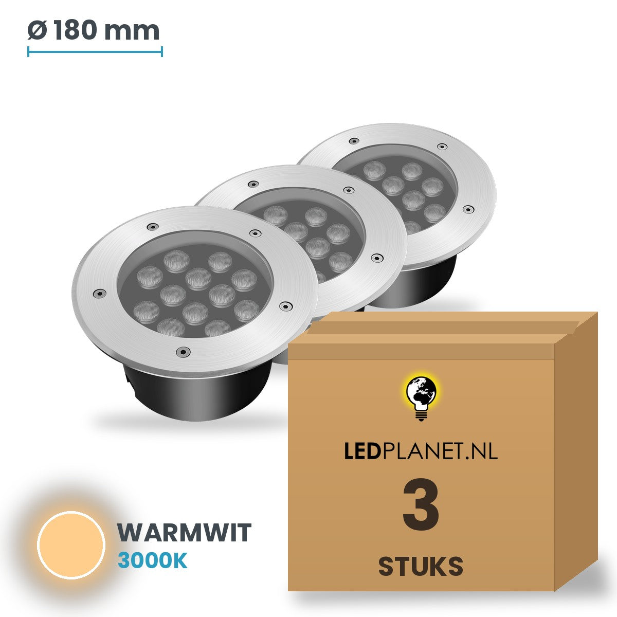 Doos met 3 stuks LED inbouw grondspot 12W, lichtkleur warmwit 3000K