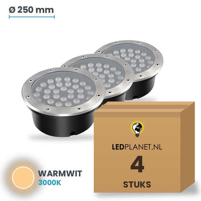 Doos met 4 stuks LED inbouw grondspot 36W, lichtkleur warmwit 3000K