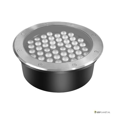 LED inbouw grondspot 48W met RVS rand, schuin bovenaanzicht