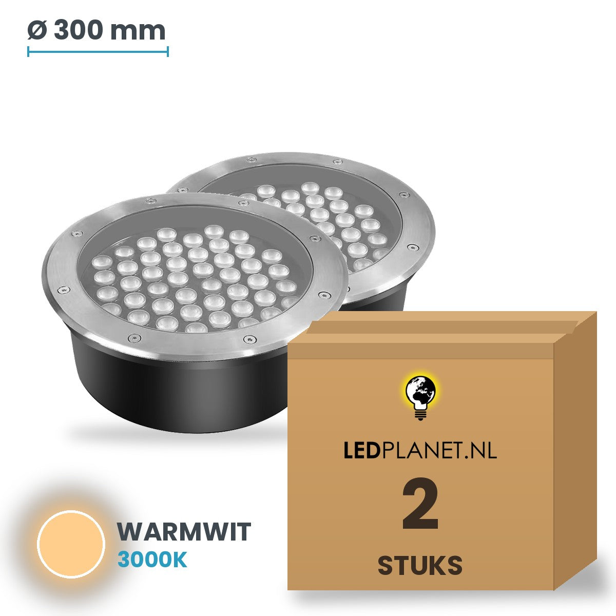 Doos met 2 stuks LED inbouw grondspot 48W, lichtkleur warmwit 3000K