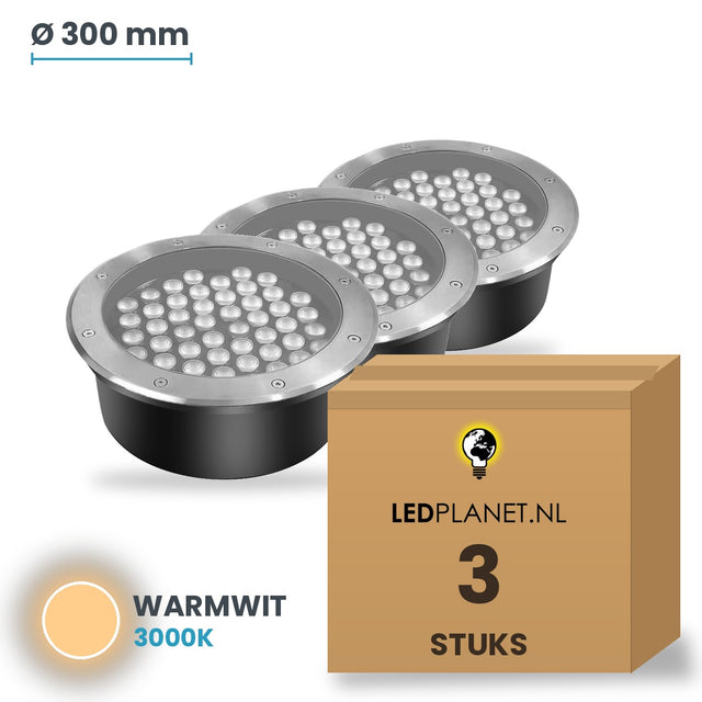 Doos met 3 stuks LED inbouw grondspot 48W, lichtkleur warmwit 3000K