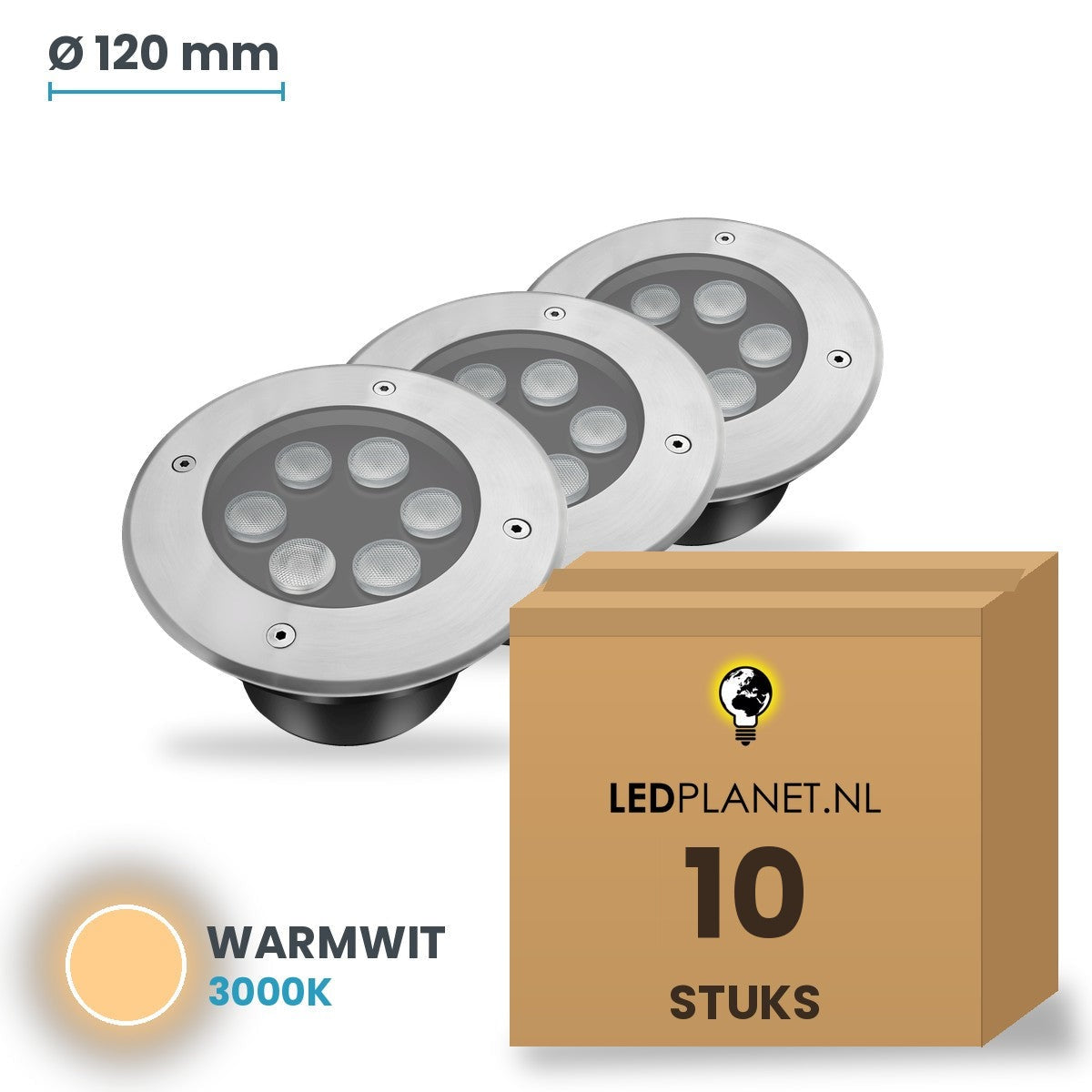 Doos met 10 stuks LED inbouw grondspot 6W, lichtkleur warmwit 3000K