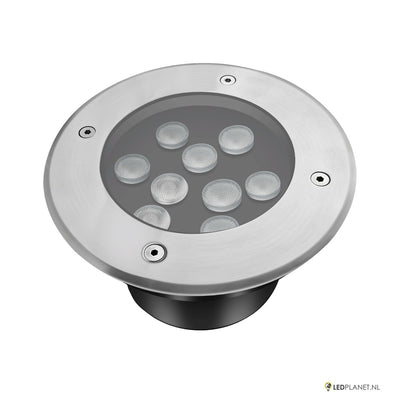 LED inbouw grondspot 9W met RVS rand, schuin bovenaanzicht