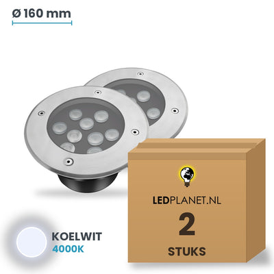 Doos met 2 stuks LED inbouw grondspot 9W, lichtkleur koelwit 4000K