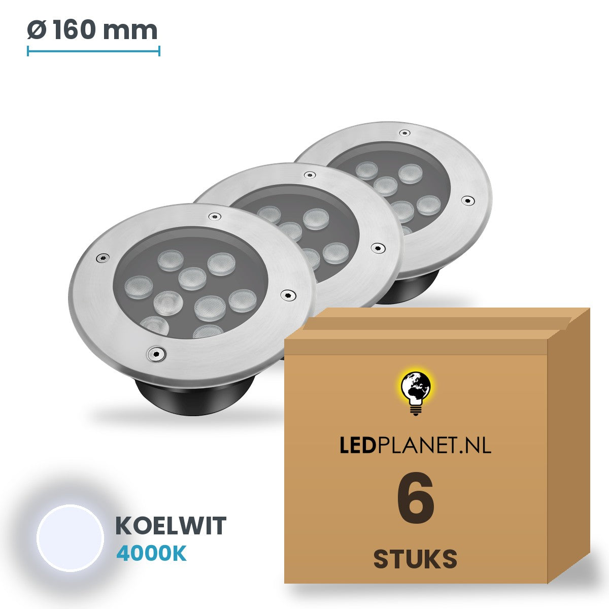 Doos met 6 stuks LED inbouw grondspot 9W, lichtkleur koelwit 4000K