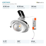 Afmetingen LED inbouwspot kantelbaar 20W: Ø165 mm, inbouwhoogte 140 mm, zaagmaat Ø155 mm