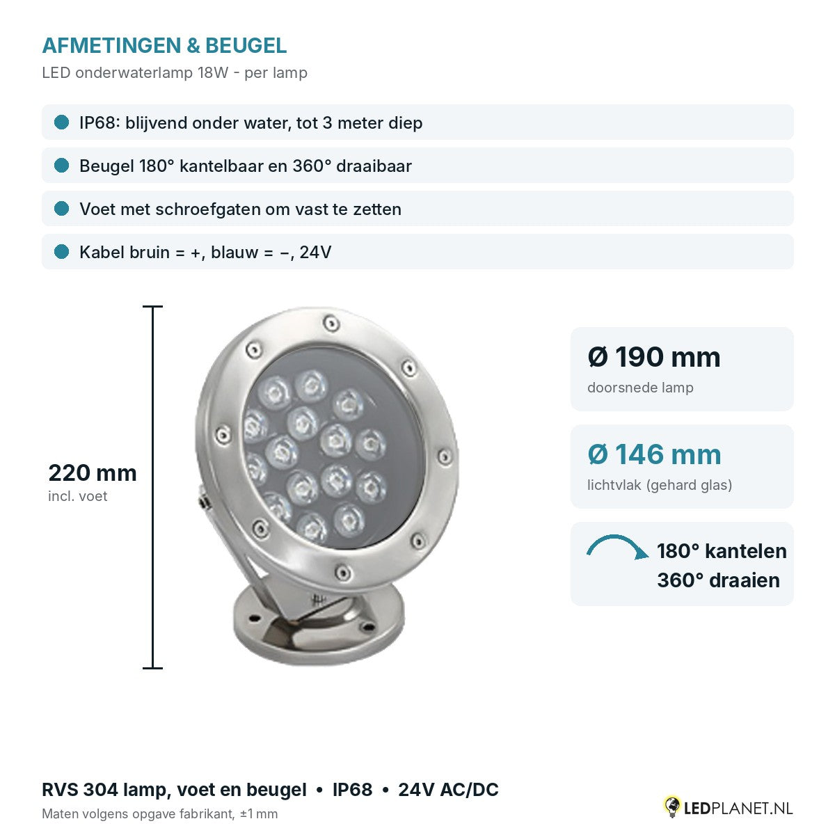 Afmetingen LED onderwaterlamp 18W: Ø190 x 220 mm, lichtvlak Ø146 mm, beugel kantelbaar