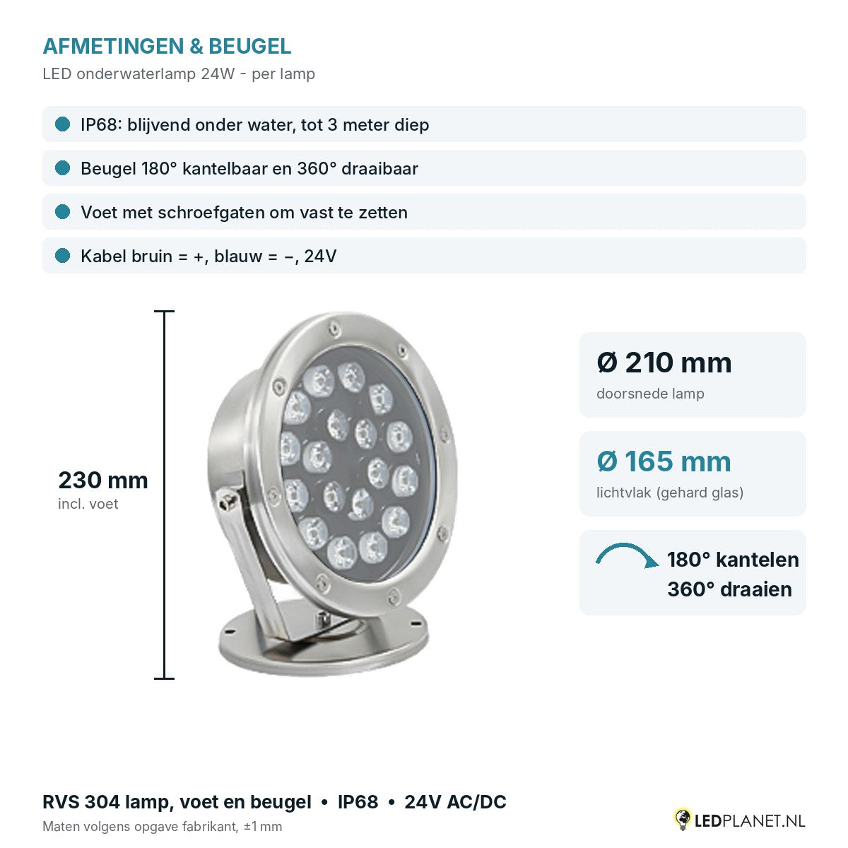 Afmetingen LED onderwaterlamp 24W: Ø210 x 230 mm, lichtvlak Ø165 mm, beugel kantelbaar