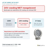 Let op: 24V-voeding niet meegeleverd - aansluitschema 230V naar 24V-voeding naar 2 onderwaterlampen