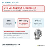 Let op: 24V-voeding niet meegeleverd - aansluitschema 230V naar 24V-voeding naar 2 onderwaterlampen