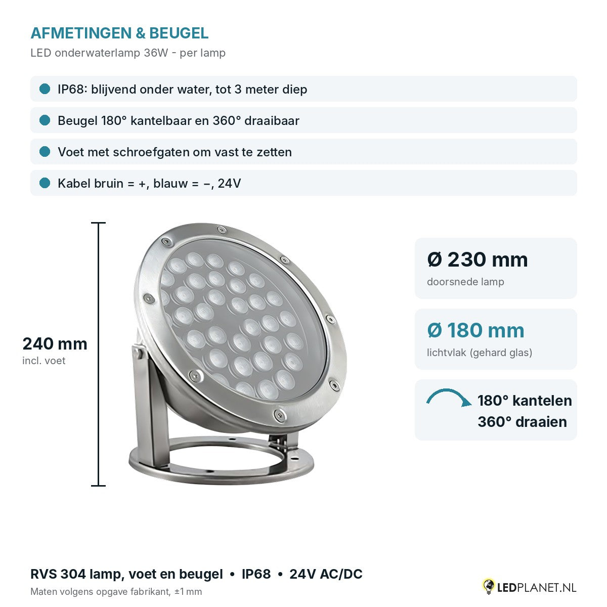 Afmetingen LED onderwaterlamp 36W: Ø230 x 240 mm, lichtvlak Ø180 mm, beugel kantelbaar