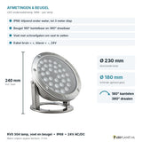 Afmetingen LED onderwaterlamp 36W: Ø230 x 240 mm, lichtvlak Ø180 mm, beugel kantelbaar