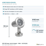 Afmetingen LED onderwaterlamp 3W: Ø82 x 140 mm, lichtvlak Ø49 mm, beugel kantelbaar