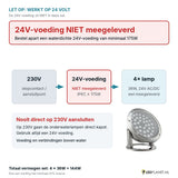 Let op: 24V-voeding niet meegeleverd - aansluitschema 230V naar 24V-voeding naar 4 onderwaterlampen