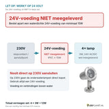 Let op: 24V-voeding niet meegeleverd - aansluitschema 230V naar 24V-voeding naar 4 onderwaterlampen