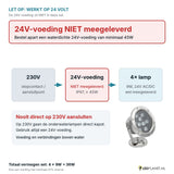 Let op: 24V-voeding niet meegeleverd - aansluitschema 230V naar 24V-voeding naar 4 onderwaterlampen