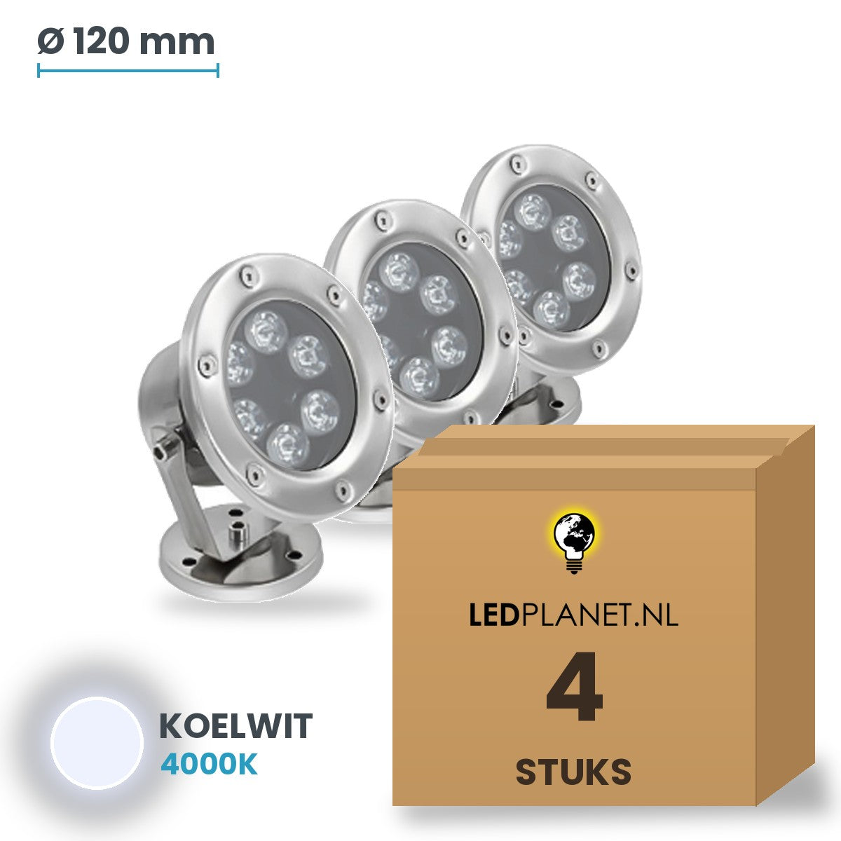 Doos met 4 stuks LED onderwaterlamp 6W, lichtkleur koelwit 4000K