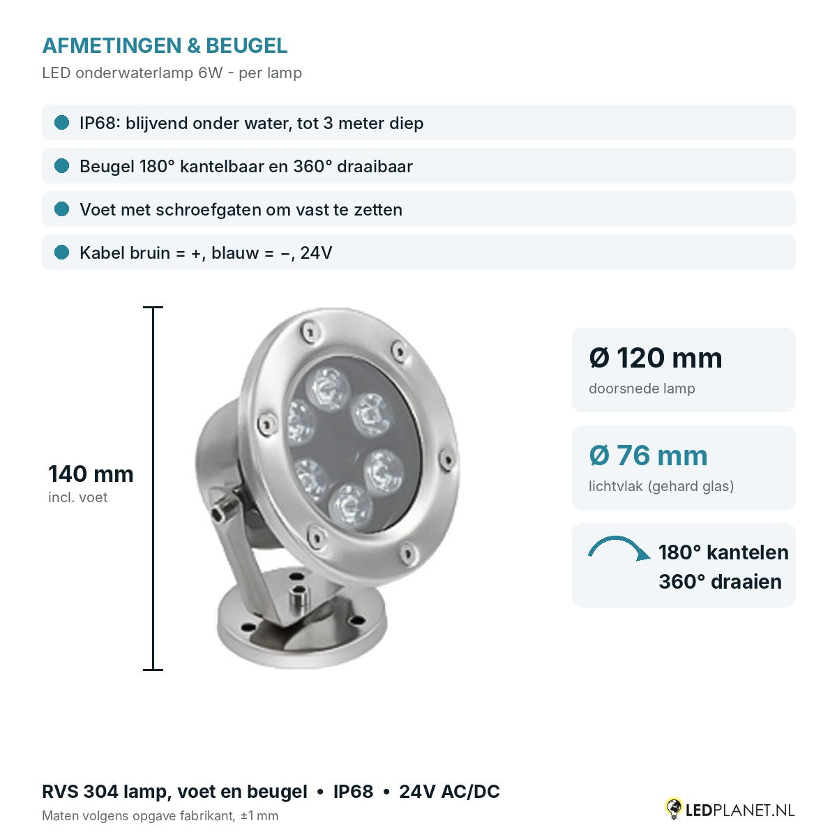Afmetingen LED onderwaterlamp 6W: Ø120 x 140 mm, lichtvlak Ø76 mm, beugel kantelbaar