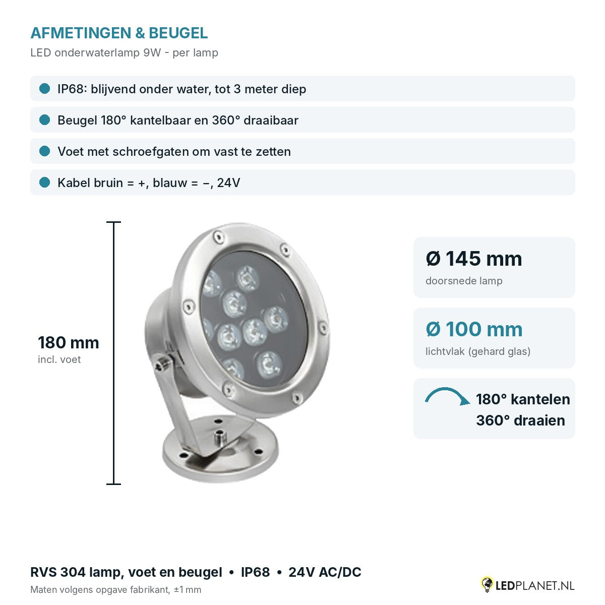 Afmetingen LED onderwaterlamp 9W: Ø145 x 180 mm, lichtvlak Ø100 mm, beugel kantelbaar
