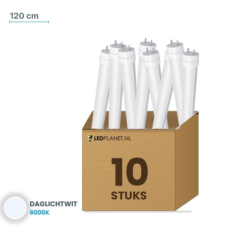 Set van 10 stuks LED TL buis T8 120 cm kunststof - Daglichtwit 6000K - in LEDPLANET doos
