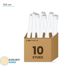 Set van 10 stuks LED TL buis T8 150 cm kunststof - Koelwit 4000K - in LEDPLANET doos