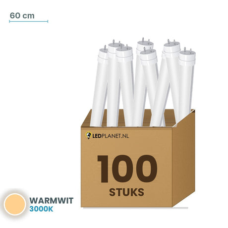 Set van 100 stuks LED TL buis T8 60 cm glas - Warmwit 3000K - in LEDPLANET doos