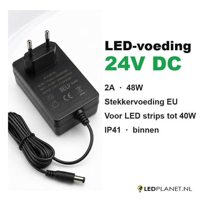 LED-voeding 24V DC 2A 48W stekkervoeding met EU-stekker en DC-plug, voor LED strips