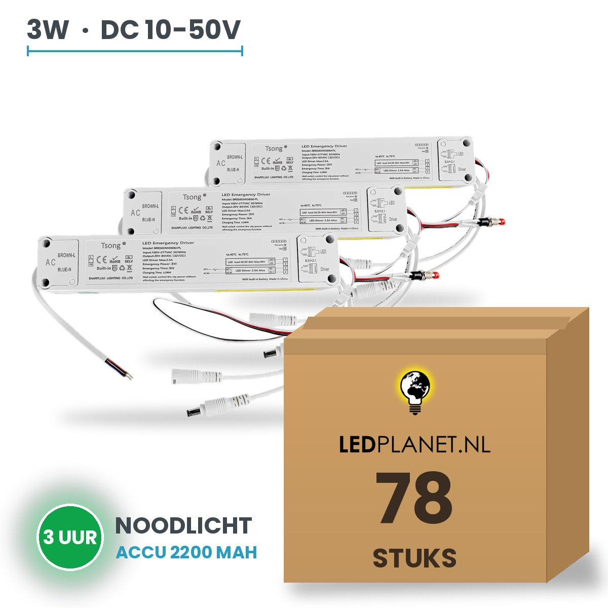 Doos met 78 stuks Noodstroommodule voor LED-paneel - 3W - 3 uur noodverlichting - DC 10-50V - accu 2200 mAh
