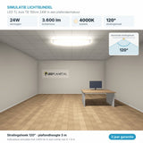 Simulatie lichtbundel LED TL buis T8 150cm 24W 3.600 lm koelwit 4000K 120° in een plafondarmatuur